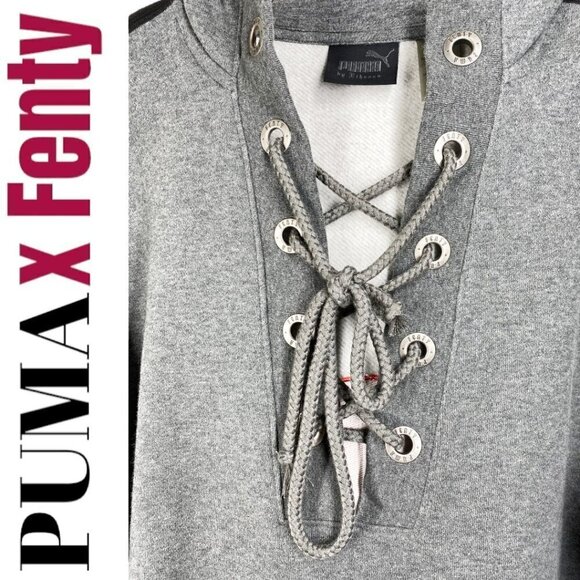 PUMA x FENTY Gray Cropped Oversized Lace Up Rising Sun Hoodie, Size Small - Picture 4 of 12